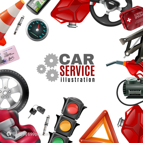 汽车服务模板汽车服务模板与汽车维修工具配件的白色背景矢量插图